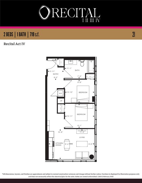 Floor plan for 2 beds, 1 bath, 723 sqft